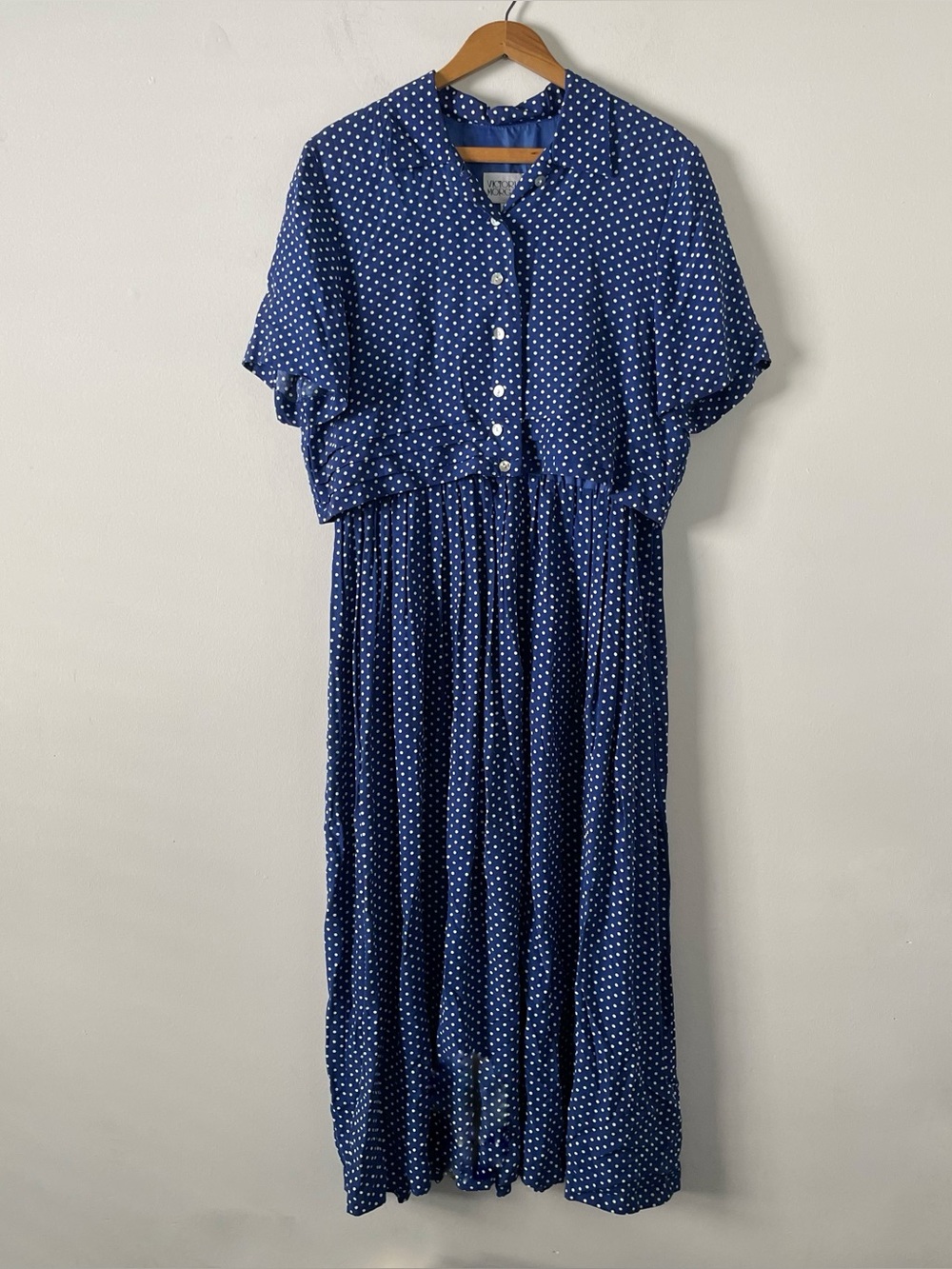 Vintage 80s Victoria Morgan Blue White Polka Dot Retro Midi Dress Size 8